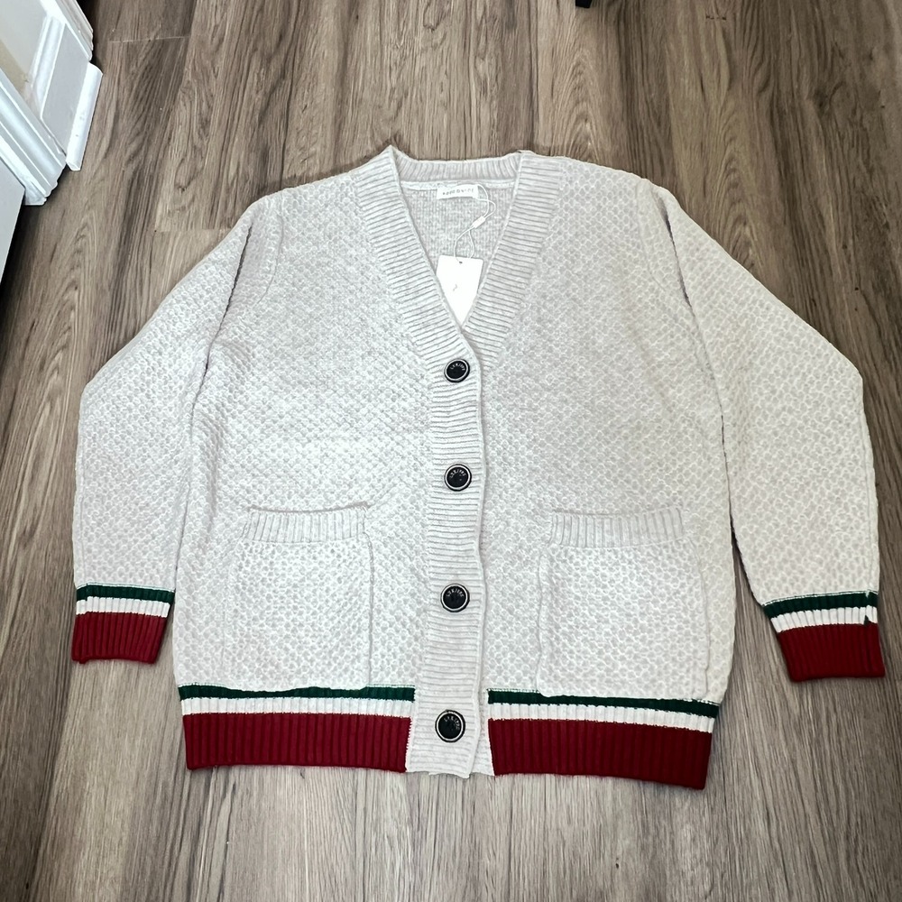 NWT ADDCONFDT Cardigan Size F Ivory Red Green Preppy Varsity Knit Unisex